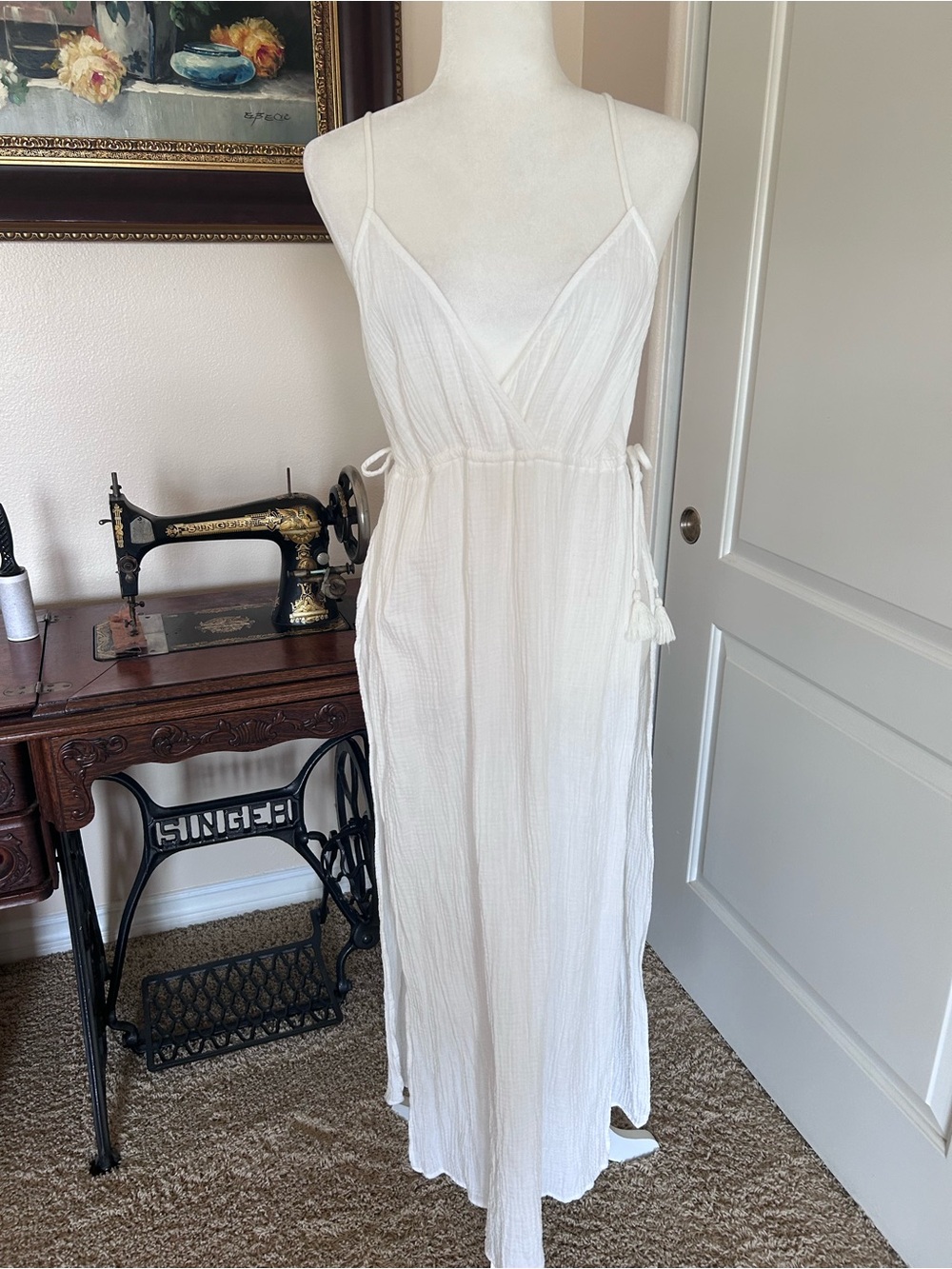 White Swimsuit Cover Up Slits Spaghetti-Straps Tassel Ties